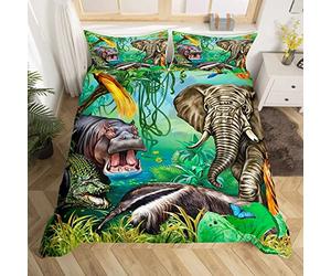 Jungle Animals Duvet Cover Set Super King Crocodile Hippo Elephant Tiger Bedding Set African Safari Animal Printed Comforter Cover For Kids Boys Girls Cartoon Zoo Theme Bedclothes With 2 Pillow Cases
