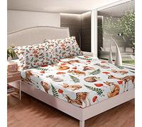 Jungle Animals Fitted Sheet Set,Lovely Deers Hedgehog Red Mushrooms Squirrel Bed Cover with All-Round Elastic Deep Pocket for Comfort 2 Pillowcase Double Size