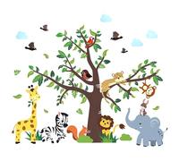 Jungle Animals Wall Stickers, 2 Sheets Peel and Stick Safari Wall Decals with Lion Elephant Giraffe, Vibrant Wall Art for Kids Bedroom, Boys Room Decor with Monkey Koala & Tropical Leaves