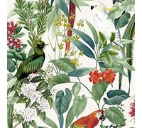 Jungle Birds Wallpaper Tropical Parrots Floral Tree Green White Paste Wall Vinyl from YöL