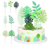 Jungle Cake Toppers 7Pcs Tropical Palm Leaves Cake Toppers, Hawaiian Cake Decorations Happy Birthday Cake Topper Summer Jungle Theme Party Decoration Baby Boy Cake Decorations