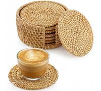JUNGLE CULTURE Handmade Rattan Coasters for Drinks & Holder • Natural Round Woven Coaster Set of 6 • Sustainable Wicker Homeware • Coffee Table, Mugs, Glasses, Cups • Jute Rope Wicker Boho Home Decor