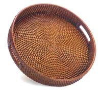 JUNGLE CULTURE® Handmade Round Wicker Tray 12” • Large Decorative Rattan Serving Basket for Coffee Table, Ottoman, Kitchen Counter • Boho Woven Home Decor Centerpiece • Circle Trays • Red Brown