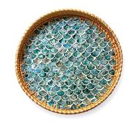 JUNGLE CULTURE Large Rattan Serving Tray 34 cm/14" with Mother of Pearl • Coastal Boho Collection • Handmade Serving Tray with Handles • Round Woven Table Trays for Home • Wicker Basket - Cascade
