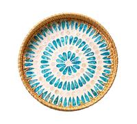 JUNGLE CULTURE Large Rattan Serving Tray 34 cm/14" with Mother of Pearl Inlay • Coastal Boho Collection • Handmade Serving Tray with Handles • Round Woven Table Trays for Home • Wicker Basket - Ripple