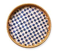 JUNGLE CULTURE Large Rattan Serving Tray 34cm /14" with Mother of Pearl Inlay • Coastal Boho Collection • Handmade Serving Tray with Handles • Round Woven Table Trays for Home • Wicker Basket - Drift