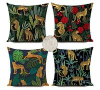 Jungle Cushion Covers Outdoor Waterproof Tropical Leopard Animal Double-Sided Pattern Throw Pillow Cover Set of 4 18x18 inch Home Decorative for Patio
