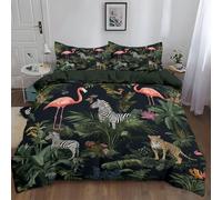Jungle Duvet Cover Set Double Reversible Rainforest Bedding with Flamingo Zebra Leopard Tropical Animal Print, Zip Closure, 200 x 200 cm 3 Piece Bedding Set with 2 Pillowcases