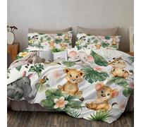 Jungle Elephants Lion Elements Duvet Cover Set Kids Boys Girls Tropical Plants Animals Bedding Set, Ultra Soft Reversible Green 3 Piece Quilt Covers with 2 Pillowcases,Single Size
