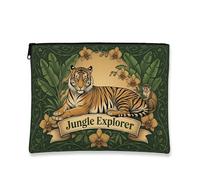 Jungle Explorer Makeup Bag, Vintage Botanical Cosmetic Travel Pouch for Women, Portable Canvas Zipper Organizer, Nature-Themed Skincare Bag, Green, 7x9 Inch, Tiger