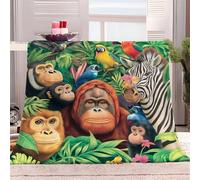Jungle Fleece Throw Blanket Animal Orangutan Zebra Monkey Print Fluffy Blanket 152x203 cm Lightweight Cozy Plush Fleece Blanket for Bedroom Sofa Couch Super Soft Warm Bed Blanket