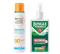 Jungle Formula Maximum Strength Insect Repellent Pump Spray (90ml - 50% DEET) & Garnier Ambre Solaire Sun Spray SPF 50+ (150ml) - Travel Bundle for Insect and Sun Protection