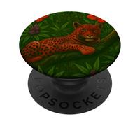 Jungle Jaguar Art, Tropical Leopard with Hibiscus Flowers PopSockets Adhesive PopGrip
