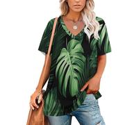 Jungle Leaf Pattern Summer T-Shirt for Women, Ladies Tropical Monstera Leaf Print Graphic Loose Basic Tee Shirts, V Neck Short Sleeve Oversized Summer Tee Tops,Sage Green