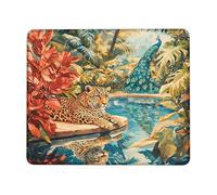 Jungle Leopard and Peacock Desk Mouse Pad, Vibrant Tropical Colors Stitched Edge Mousepad, Rubber Non-Slip Washable Gaming Mouse Pad for Home and Office Computer, Laptop Square 8x10 Inch
