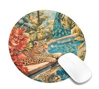 Jungle Leopard and Peacock Desk Mouse Pad, Vibrant Tropical Colors Stitched Edge Mousepad, Rubber Non-Slip Washable Gaming Mouse Pad for Home and Office Computer, Laptop Round 8x8 Inch