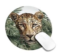 Jungle Leopard Desk Mouse Pad, Green Tropical Leaves Animal Print Mousepad, Rubber Non-Slip Washable Gaming Mouse Pad for Home and Office Computer, Laptop Round 8x8 Inch