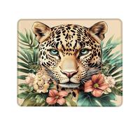 Jungle Leopard Floral Square Desk Mouse Pad, Green Yellow Animal Print Stitched Edge Mousepad, Rubber Non-Slip Washable Gaming Mouse Pad for Home and Office Computer, Laptop Square 8x10 Inch