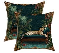 Jungle Leopard Pillow Covers Set of 2, Dark Green Animal Print Throw Pillow Cases, Decorative Square Cushion Covers for Home Sofa Couch Indoor Outdoor Decor 12x12 Inch