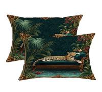 Jungle Leopard Pillow Covers Set of 2, Dark Green Animal Print Throw Pillow Cases, Decorative Square Cushion Covers for Home Sofa Couch Indoor Outdoor Decor 14x24 Inch