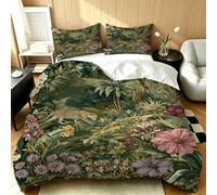 Jungle Leopard Print & Foliage Duvet Cover Set Double 3D Printed Microfiber William Morris Style Bedding Set Ultra-Soft Quilt Cover 200 x 200 cm with Zipper Closure and 2 Pillowcases 50x75 cm D-116