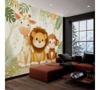 Jungle Lion Giraffe Monkey Photo Mural - 200 x 140 cm Non-Woven Premium Fleece Wall Mural - High Definition Art Print Teen Bedroom Game Room Decoration Environmental Friendly Animals Photo Wallpaper