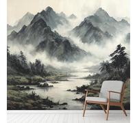 Jungle Mountain River Mist Wall Decals, Oriental Ink Painting Wall Mural Waterproof Vinyl Murals, Nature Landscape Stickers Peel and Stick Wallpaper for Home Office Decoration 352x250 cm