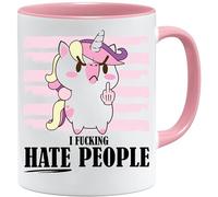 Jungle Mug Grumpy Unicorn Coffee Mug | Funny Anti-Social Cartoon Design | 11oz Ceramic Cup with Pink Rim and Handle | Coworker Birthday or Secret Santa Present