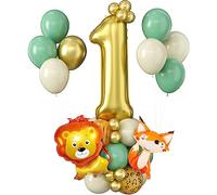 Jungle Number 1 Balloon 40 Inch Gold Number Balloons Giant Number One Foil Balloon Tower with Lion Fox Large Sage Green Gold Digital Balloon Stack for Boy Girl 1st Wild One Birthday Baby Shower Party