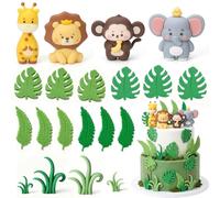 Jungle Ocean Animal/Car/Highland Cows/Mushrooms Cake Toppers Set, Safari Wild Cake Decorations, 3D Lifelike Figurines Grass Tropical Leaves For Kids Birthday Baby Shower Party (Jungle animals)