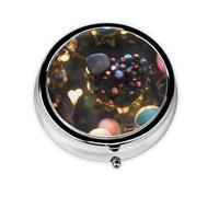 Jungle of Love A Round Mini Pillbox with Three Compartments for Storing Vitamins, Fish Oil, and Nutritional Supplements.