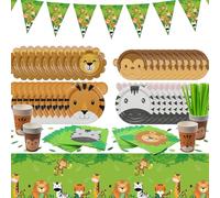 Jungle Party Supplies with Animal Paper Plates, Jungle Tablecloth, Safari Flag, Napkins, Paper Cups, Safari Theme Party Supplies for Kids Birthday, Baby Shower, Serves 20 Guests