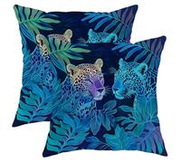 Jungle Pillow Covers Set of 2, Blue and Green Leopard Print Throw Pillow Cases, Tropical Decorative Square Cushion Covers for Home Sofa Bed Couch, Summer Exotic Decor 18x18 Inch