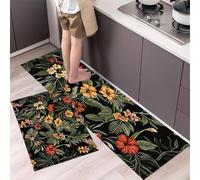 Jungle Plants And Flowers Kitchen Rug Set, 2 Pieces Non Slip and Anti Fatigue Tropical Garden Kitchen Mat Set, Washable Floor Mat, Dark Green Standing Mats for Hallway Bedroom 40x60cm+40x120cm