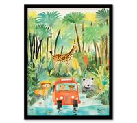 Jungle Safari Adventure Animals Kids Bedroom Nursery Giraffe Lion Watercolour Artwork Art Print Framed Poster Wall Decor Artery8 Black A4