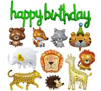 Jungle Safari Animal Balloons, 10Pcs 23 x 31 Inches Large Animal Balloons and Green Happy Birthday Foil Balloon for Boys Girls Kids Birthday Party, Animal Theme Party Decorations