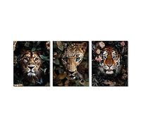 Jungle Safari Animal Poster Lion Tiger Leopard HD Canvas Print 3 Panel Flower Animals Wall Art Modular Picture Painting for Living Room Bedroom Baby Kids Room Decor (Unframe, 20"x28"x3PCS)