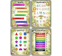 Jungle Safari Educational Nursery Posters A3 - Set of 4 Alphabet, Days, Colours & Shapes - Early Learning Wall Art - Baby Toddler Room Decor - Unframed