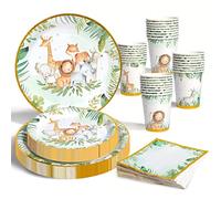 Jungle Safari Theme Party Tableware Set, Kids Birthday Party Supplies 96pcs Paper Plates and Napkins Cups, Disposable Baby Shower Plates and Napkins Party Tableware Dinnerware for Birthday Baby Shower