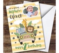 Jungle Safari Truck Animal Photo Nephew 2nd Boys Personalised Birthday Card - Personalised Birthday Card For 2nd Birthday, Custom Birthday Card