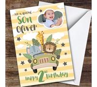 Jungle Safari Truck Animal Photo Son 2nd Boys Custom Personalised Birthday Card - Personalised Birthday Greeting Card for Kids, Custom Birthday Card