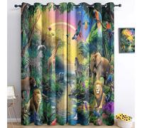 Jungle Scene Curtains Eyelet Soft Thermal Insulated Blackout Curtains Jungle Animals Lion Elephant Print Pattern Ring Top Window Drapes for Bedroom Living Room 46” W x 90” L Drop 2 Panels