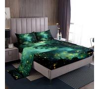 Jungle Scenery Bedding Set Queen Size 4 Pcs Glitter Yellow Butterfly Wild Firefly Bedsheets for Kids Teens Adults Natural Green Trees Plants Dreamy Sheet Set with Flat,Fitted Sheet,2 Pillowcases