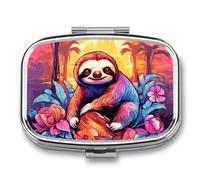 Jungle Sloth Pill Box - 2 Compartment Travel Pill Organizer with Small Mirror, Portable Pillcase for Pocket & Purse, Cute Square Medicine Case, Weekly Medicine Container