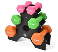 JUNGLE STONE Neoprene Dumbbells Set with Stand, Hand Weights for Women Men Arm Pilates Set, 2 x 1KG, 2 x 2KG, 2 x 3KG, Neoprene Matte Finish for Home Workout