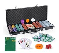 JUNGLE STONE Texas Holdem Poker Set with Deluxe Aluminium Case 500 Piece Pro. Quality Clay Metal Chips, 2 Decks of Pro. Plastic Playing Cards 5 Dice Dealer Big Small Blind Button Poker Chips Set