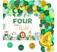 Jungle Theme 4th Birthday Decorations, Four Ever Wild Birthday Decorations, Sage Green Jungle Balloon Arch Kit, Four Ever Wild Backdrop Foil Number 4 Balloons Artificial Palm Leaves