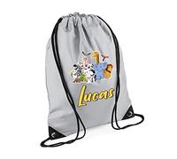 Jungle Theme Bag, Personalised Backpack, forest safari Gift For Kids, Girls, Boys, Funny Wild Animal Gift, Birthday Drawstring Bag, PE Gym Kit Swimming, Sport Rucksack. (Light Grey)