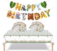 Jungle Theme Forest Animal Party - 3PCS Set with Banner, Tablecloth, 20 Napkins - Simple Decor for Safari Birthday, Baby Shower, or Kids’ Wild One Party Celebrations