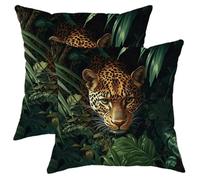 Jungle Throw Pillow Covers Set of 2, Green Leopard Wildlife Cushion Cases, Tropical Decorative Square Accents Decor for Sofa Couch Bed 20x20 Inch